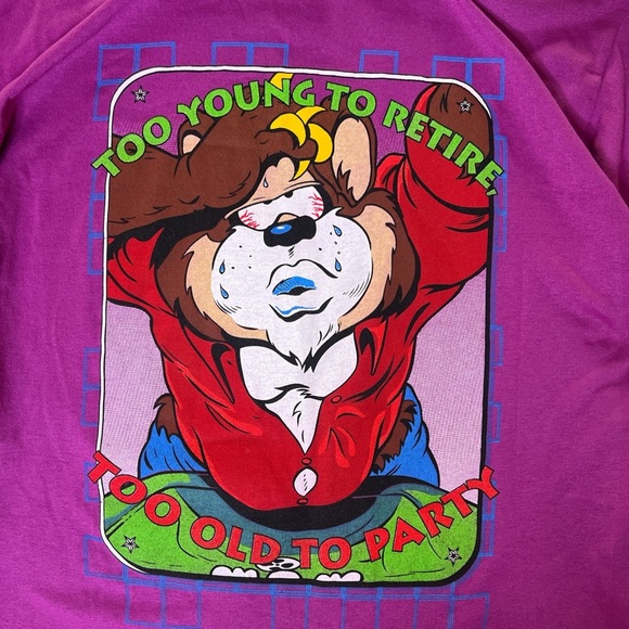 Vintage 90s Single Stitch Mr. Bear Too Young to Retire Too Old to Party Tee - Picture 2 of 9